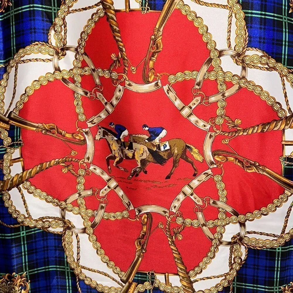 Vintage 80s/90s large polo, horses, bridle themed red, blue & gold scarf‎